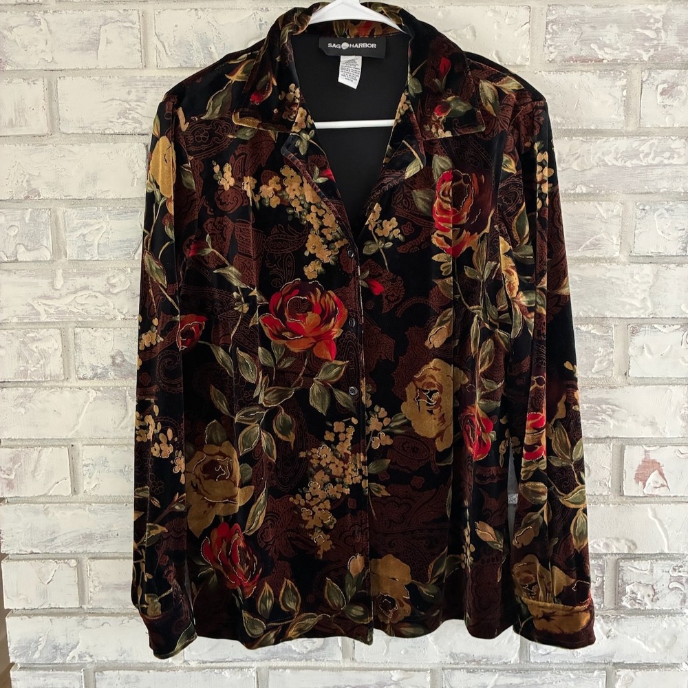Vintage Sag Harbor Velvet Blazer Rose Floral Paisley 90s Large Dark Academia